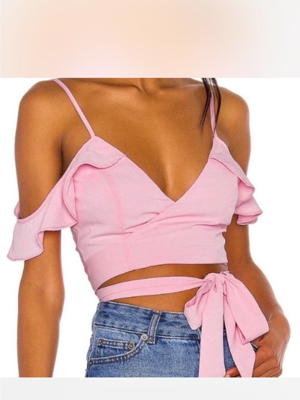 superdown Pink Wrap Cold-Shoulder Ruffle Crop Top